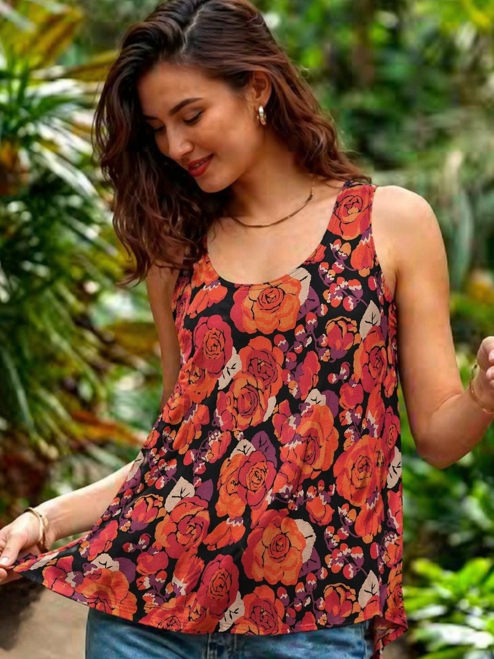 Free People Black, Red, Orange FloralTank Sz Lg
